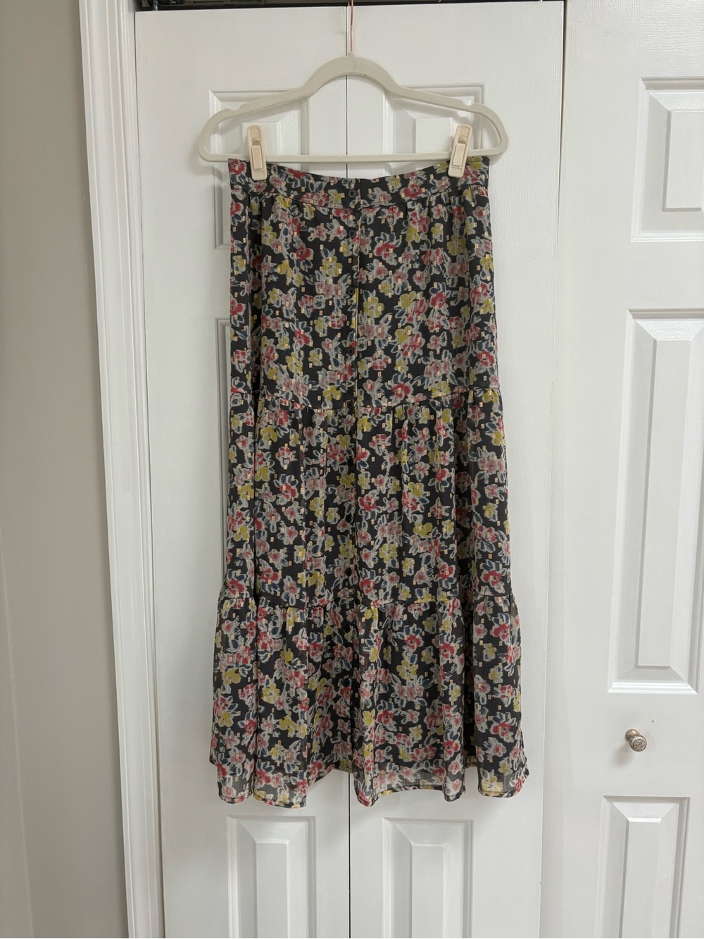 Tiered Floral Maxi Skirt in Gray with Pink & Green Accents